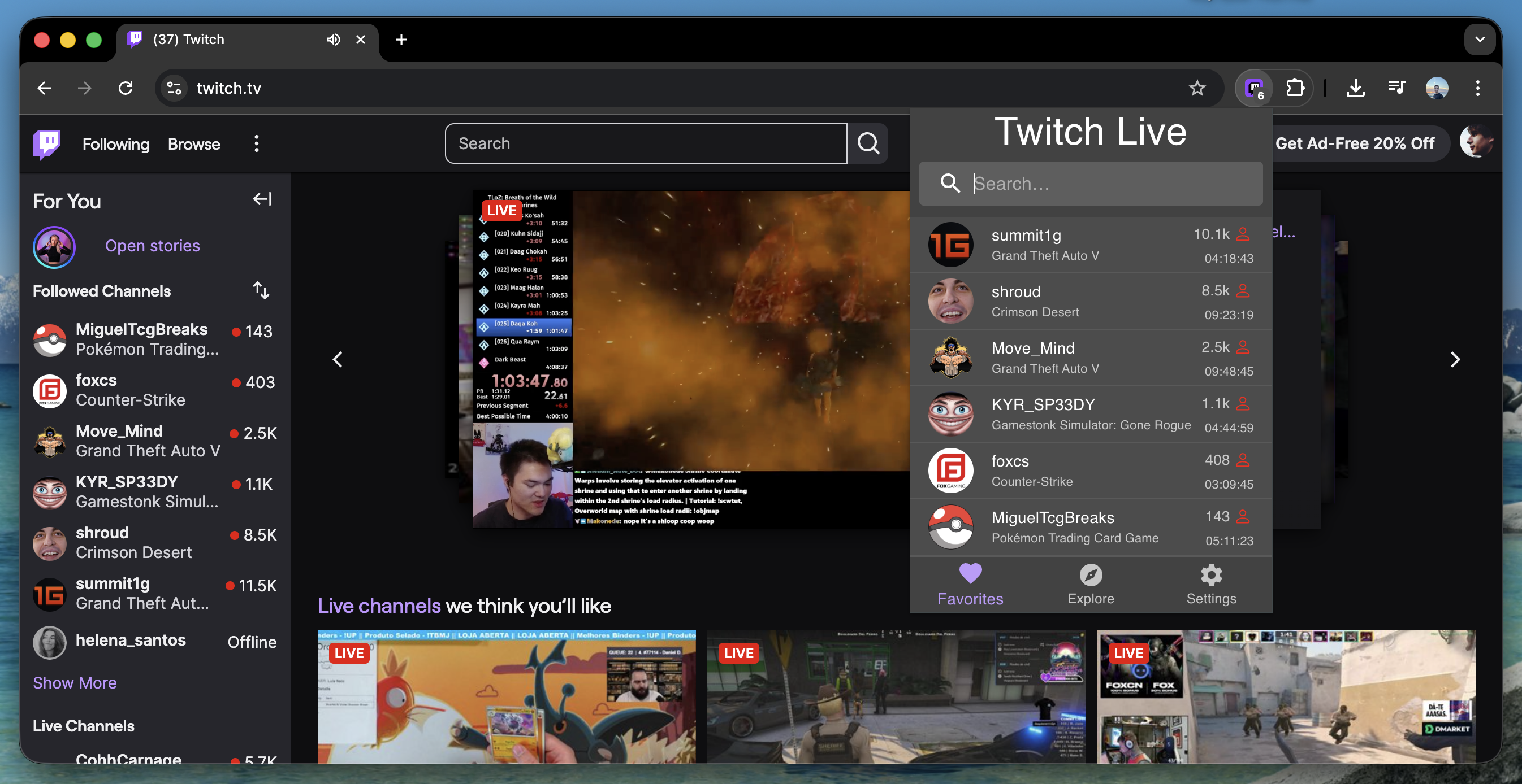 Twitch Live Extension browser interface showing live streamers